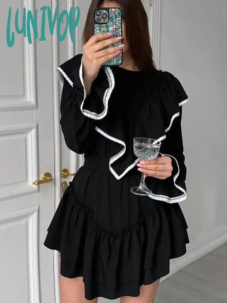 Lunivop Autumn Women Elegant Sweet Mini Dress Solid Black Long Sleeve Ruffle Flare Female