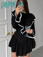 Lunivop Autumn Women Elegant Sweet Mini Dress Solid Black Long Sleeve Ruffle Flare Female