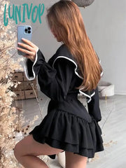 Lunivop Autumn Women Elegant Sweet Mini Dress Solid Black Long Sleeve Ruffle Flare Female