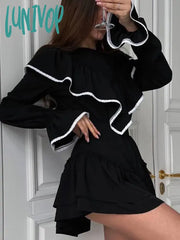 Lunivop Autumn Women Elegant Sweet Mini Dress Solid Black Long Sleeve Ruffle Flare Female