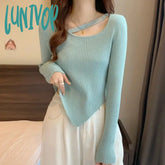 Lunivop Autumn Women Irregular Hem Sweet Sweaters Solid Long Sleeve Slim Knit Pullover For