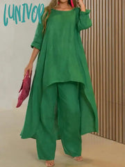 Lunivop Autumn Women’s Casual 2 Piece Set Round Neck Long Sleeve Top Wide Leg Pants Suit Female