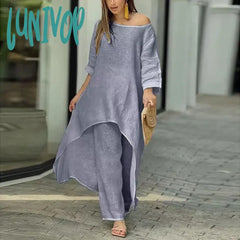 Lunivop Autumn Women’s Casual 2 Piece Set Round Neck Long Sleeve Top Wide Leg Pants Suit Female