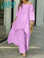 Lunivop Autumn Women’s Casual 2 Piece Set Round Neck Long Sleeve Top Wide Leg Pants Suit Female