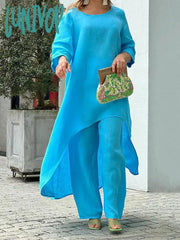 Lunivop Autumn Women’s Casual 2 Piece Set Round Neck Long Sleeve Top Wide Leg Pants Suit Female