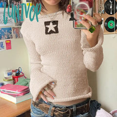 Lunivop Autumn Y2K Star Sweaters Women Casual Hollow Knitted Pullover Top Oversized Grunge Cute