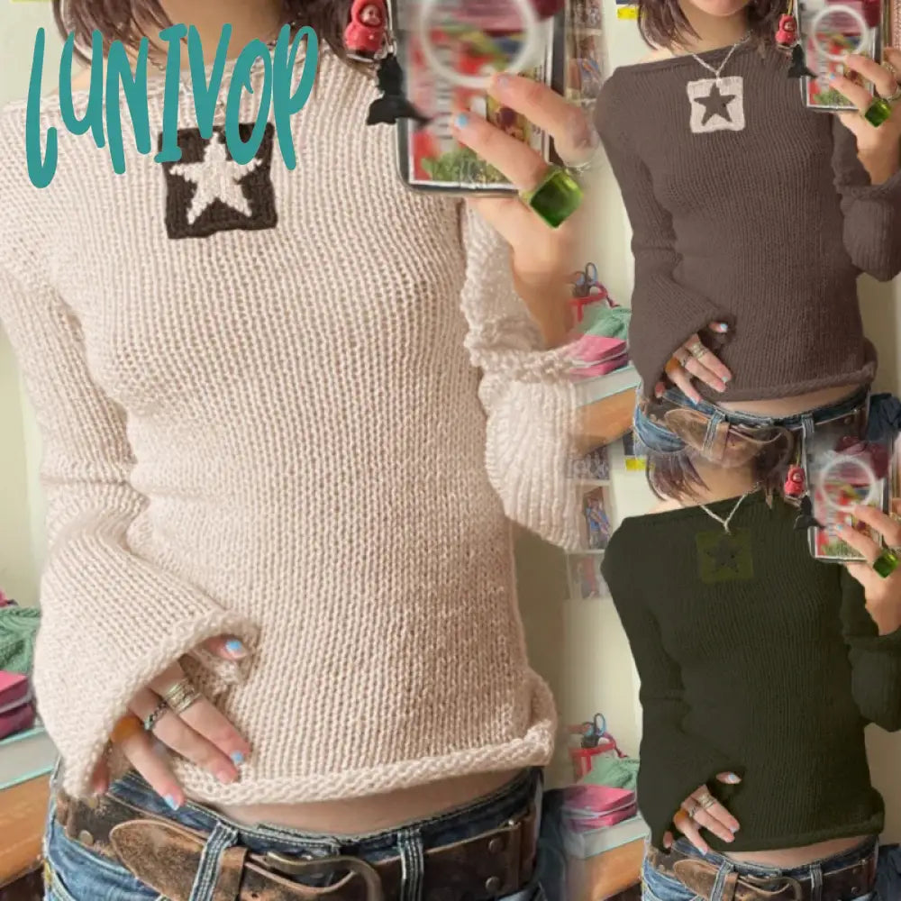 Lunivop Autumn Y2K Star Sweaters Women Casual Hollow Knitted Pullover Top Oversized Grunge Cute