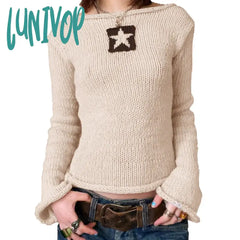 Lunivop Autumn Y2K Star Sweaters Women Casual Hollow Knitted Pullover Top Oversized Grunge Cute
