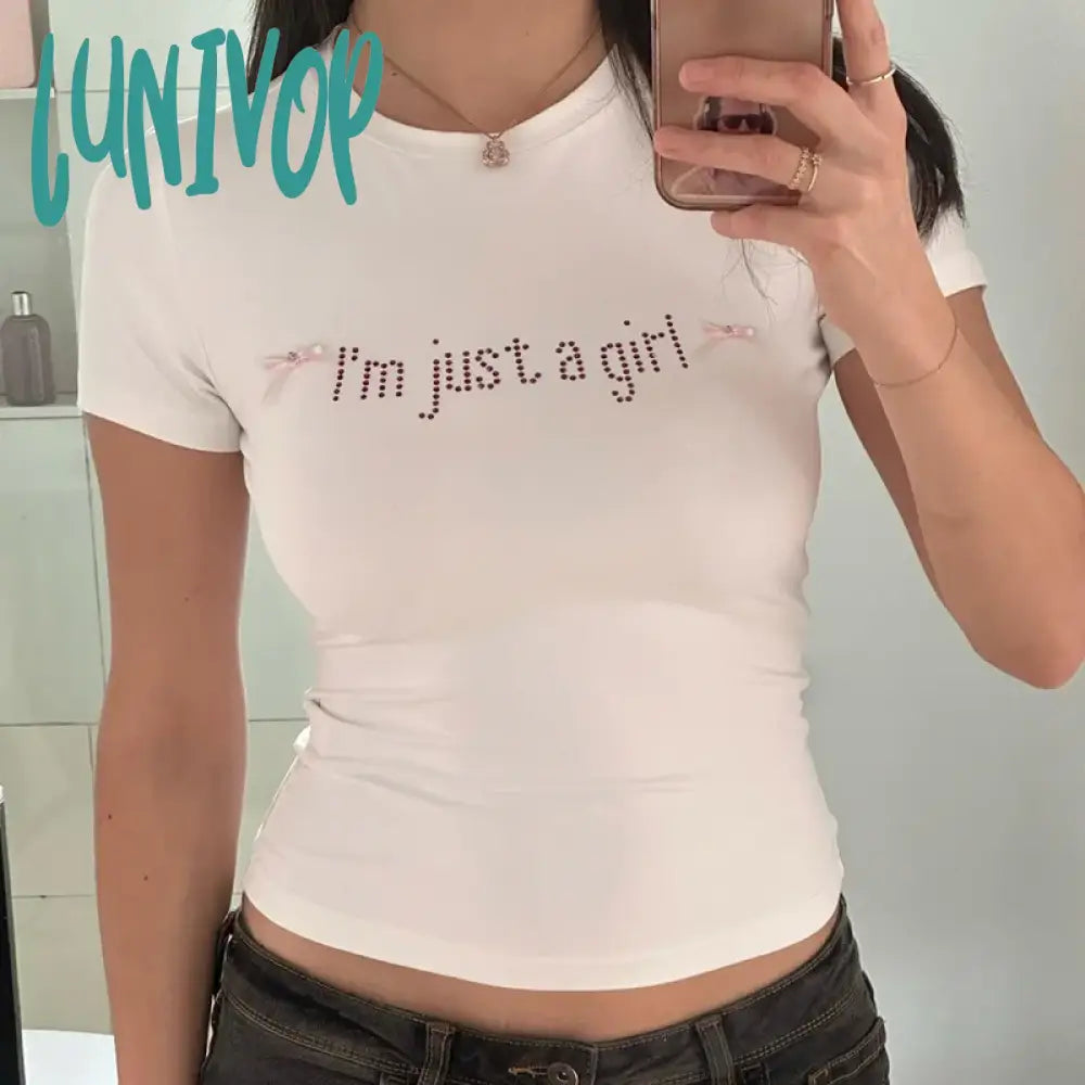 Lunivop Baby Tees Y2K 2000S Rhinestone Letters Short Sleeve Crop Top White Tshirt Women Trending