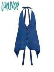Lunivop Backless Strap Denim Tank Top Women Clothing Summer Y2K Sleeveless Tops Woman Blue Washed