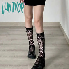 Lunivop Ballet Elegant Style Sock Ribbon Bows Tie Stocking Hollows Lacy Fishnet Long Knee Length