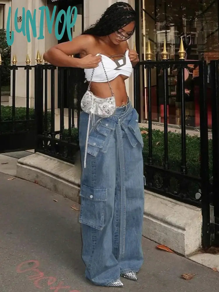 Lunivop Bandage High Waisted Baggy Jeans Women Blue Pockets Lace Up Cargo Pants Woman Street Casual