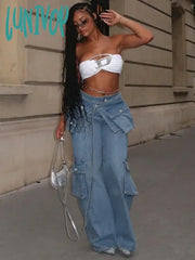 Lunivop Bandage High Waisted Baggy Jeans Women Blue Pockets Lace Up Cargo Pants Woman Street Casual