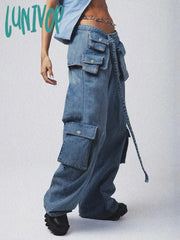 Lunivop Bandage High Waisted Baggy Jeans Women Blue Pockets Lace Up Cargo Pants Woman Street Casual