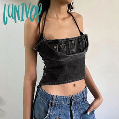 Lunivop Bandage Hollow Out Denim Tank Top Women Retro Black Washed Babes Strap Vest Halter Sexy