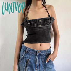 Lunivop Bandage Hollow Out Denim Tank Top Women Retro Black Washed Babes Strap Vest Halter Sexy