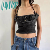 Lunivop Bandage Hollow Out Denim Tank Top Women Retro Black Washed Babes Strap Vest Halter Sexy