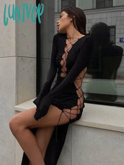 Lunivop Bandage Lace Up Hot Sexy Slit Maxi Dress For Women Outfits Fashion Party Club Autumn Long