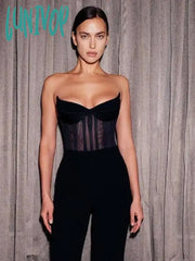 Lunivop Beach Fashion Sexy Strapless Backless Mesh Black Women Summer Bodysuit Celebrity Designer