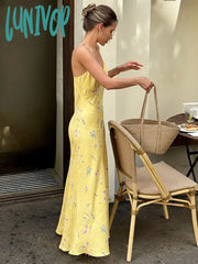 Lunivop Beach Holiday Plunge Slip Print Long Dress For Women Spaghetti Strap Sleeveless High Waist