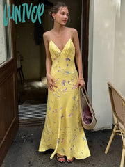 Lunivop Beach Holiday Plunge Slip Print Long Dress For Women Spaghetti Strap Sleeveless High Waist