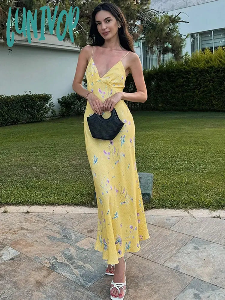 Lunivop Beach Holiday Plunge Slip Print Long Dress For Women Spaghetti Strap Sleeveless High Waist