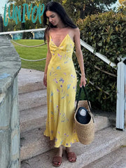 Lunivop Beach Holiday Plunge Slip Print Long Dress For Women Spaghetti Strap Sleeveless High Waist
