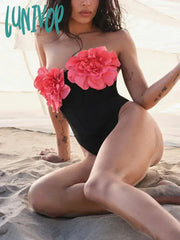 Lunivop Beach Sexy Strapless Backless Flower Black Women Summer Bandage Bodysuit Fashion Beachwear