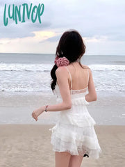 Lunivop Beach Style Whit V-Neck Dress Even Party Female Elegant 2000S Vintage Clothing Korean