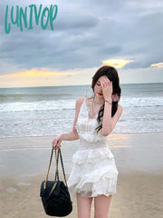 Lunivop Beach Style Whit V-Neck Dress Even Party Female Elegant 2000S Vintage Clothing Korean