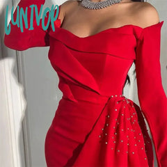 Lunivop Beaed Sequins Pleat Evening Dresses With Long Sleeve Floor-Length Sexy Mermaid Party Gown