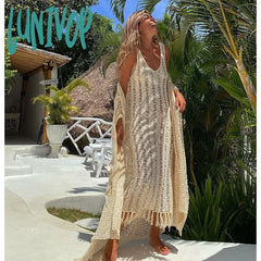Lunivop Bikinis Cover-Ups Knitted Sexy See Through Mesh Beach Cover Up Maxi Slim Bodycon Summer