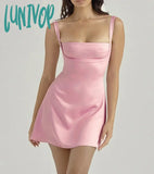 Lunivop Birthday Dress For Women A-Line Pink Sexy Satin Party Dresses Mini Casual Spaghetti Strap