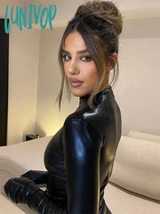 Lunivop Black Dress Sexy Women Turtleneck Long Sleeve Pu Leather Party Dresses Club Elegant Autumn