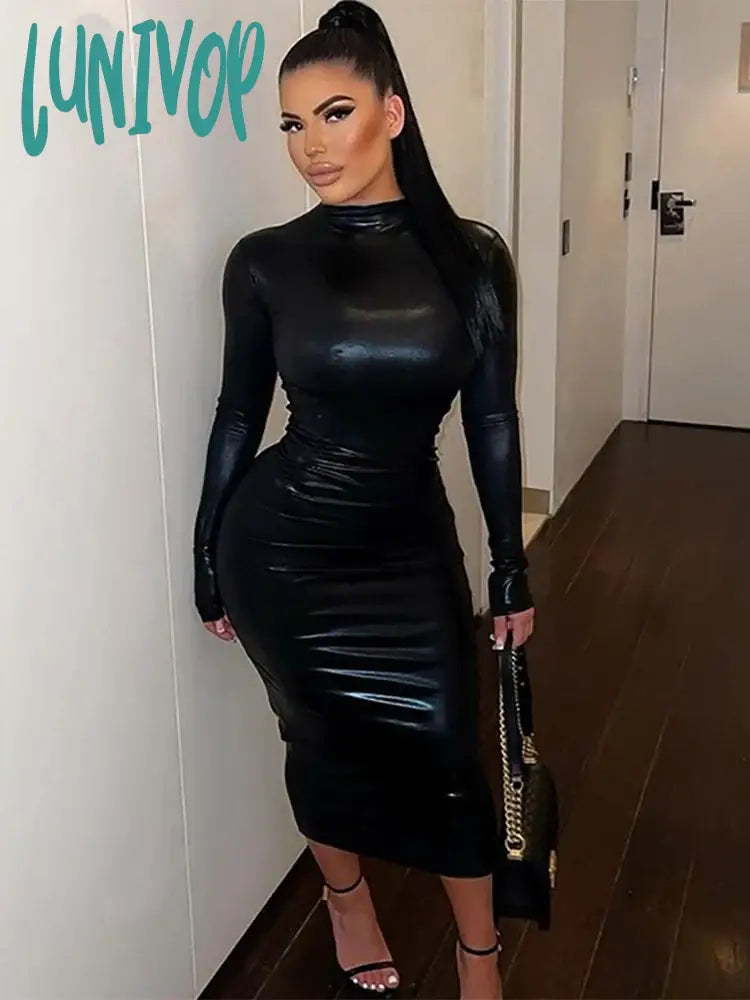 Lunivop Black Dress Sexy Women Turtleneck Long Sleeve Pu Leather Party Dresses Club Elegant Autumn