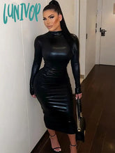 Lunivop Black Dress Sexy Women Turtleneck Long Sleeve Pu Leather Party Dresses Club Elegant Autumn