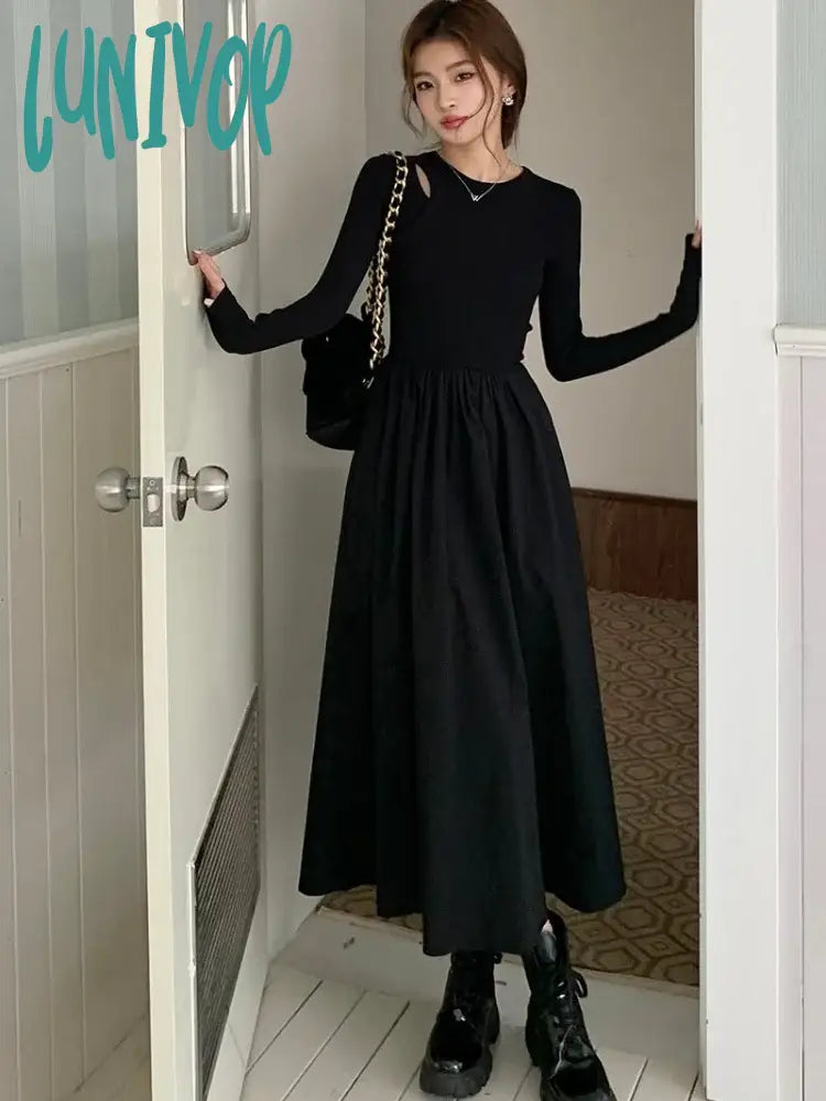 Lunivop Black Fashion Slim Long Tankdress Woman Spring Summer Crew Neck Skeleton Knit Sleeve Office
