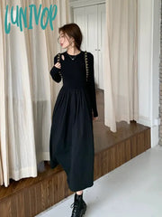 Lunivop Black Fashion Slim Long Tankdress Woman Spring Summer Crew Neck Skeleton Knit Sleeve Office