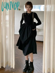 Lunivop Black Fashion Slim Long Tankdress Woman Spring Summer Crew Neck Skeleton Knit Sleeve Office