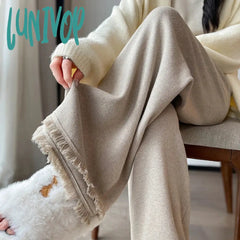 Lunivop Black Knitted Wide Leg Pants Women Elegant White Tassel Fleece Winter Streetwear Korean