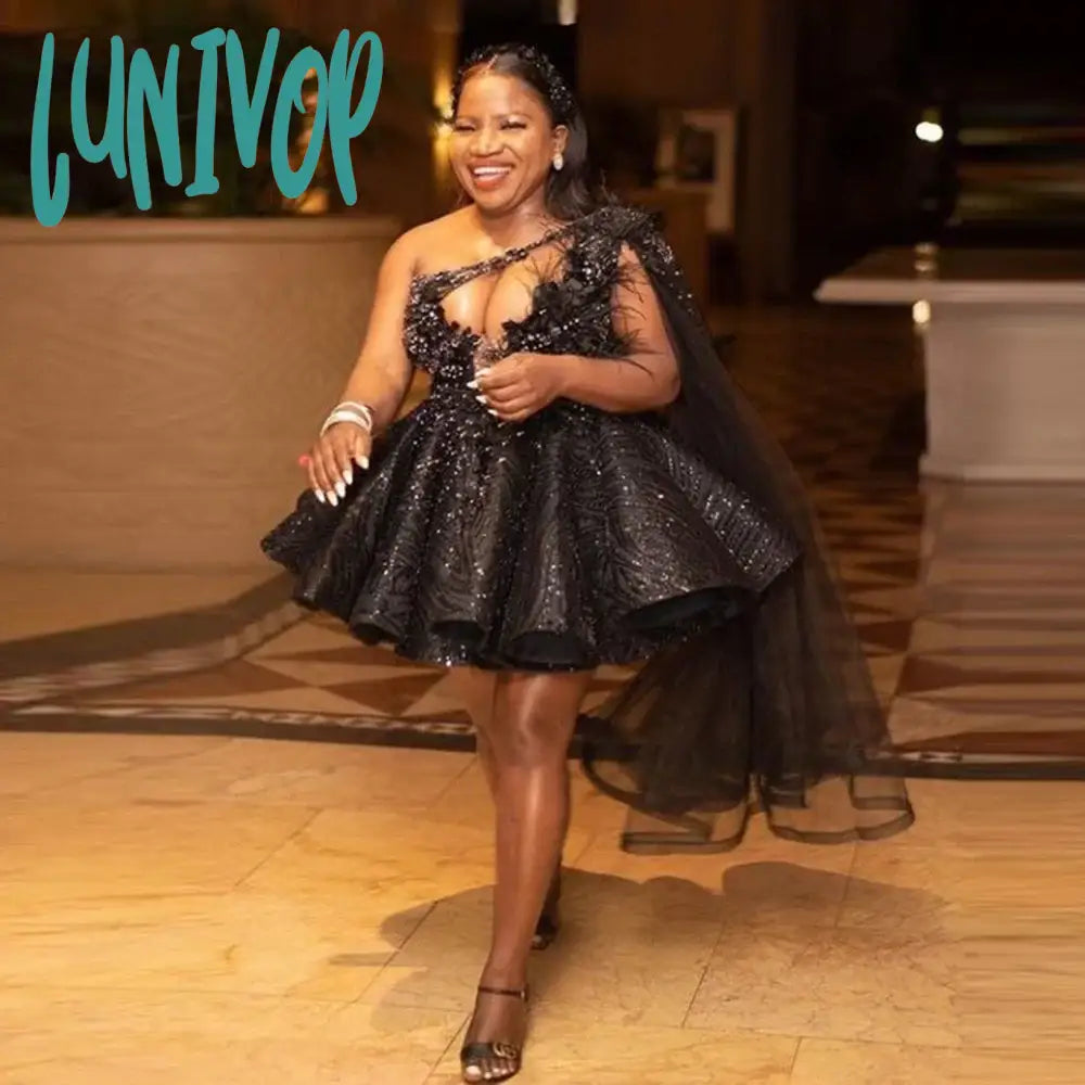 Lunivop Black Lace Short Prom Dresses One Shoulder Puffy Evening Gowns Girls Formal Occasion Party