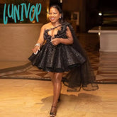 Lunivop Black Lace Short Prom Dresses One Shoulder Puffy Evening Gowns Girls Formal Occasion Party