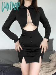 Lunivop Black Mini Dress Women Summer Hollow Out Sexy Bodycon Autumn Dresses Elegant Ladies Wrap