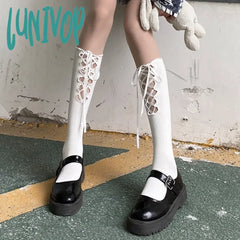 Lunivop Black Socks Women’s Middle Tube Jk Stockings Calf Straps Hollow Summer Crew Sexy Long