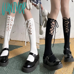 Lunivop Black Socks Women’s Middle Tube Jk Stockings Calf Straps Hollow Summer Crew Sexy Long