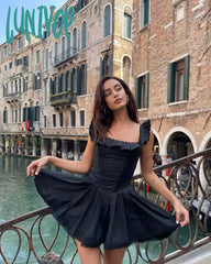 Lunivop Black Square Neck Pleated Dress Mini Lovely Casual A Line Birthday Party Dresses Sexy Women