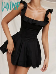 Lunivop Black Square Neck Pleated Dress Mini Lovely Casual A Line Birthday Party Dresses Sexy Women
