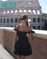 Lunivop Black Square Neck Pleated Dress Mini Lovely Casual A Line Birthday Party Dresses Sexy Women