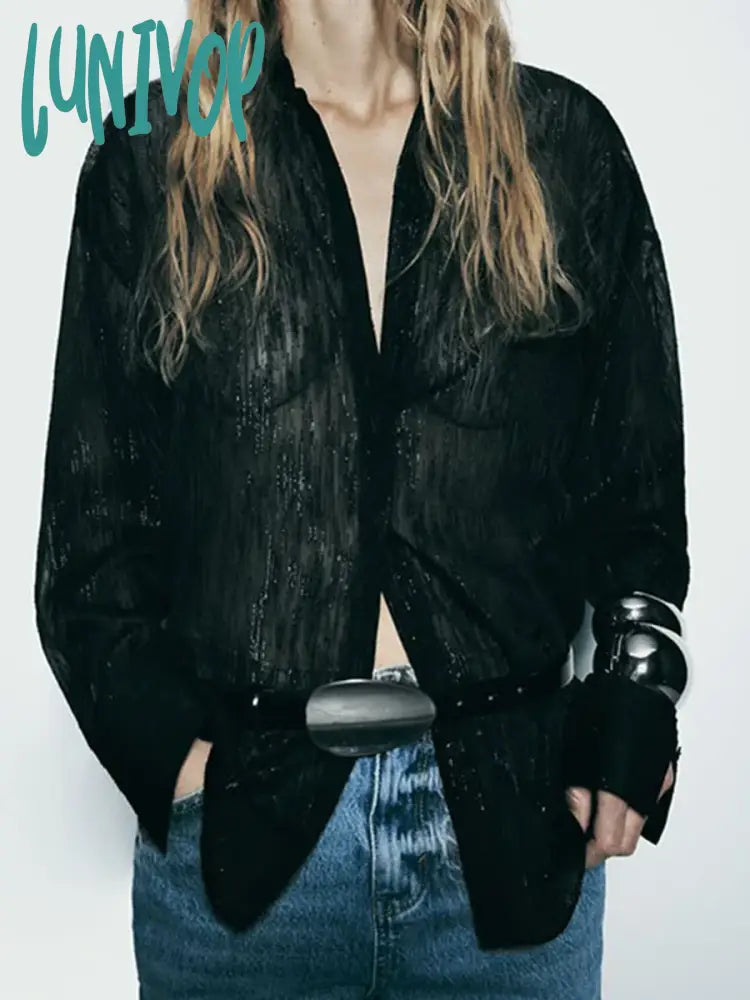 Lunivop Black Transparent Long Sleeve Shirt 2024 Spring New Simple Casual Button Up Lapel Collar