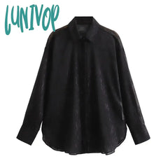 Lunivop Black Transparent Long Sleeve Shirt 2024 Spring New Simple Casual Button Up Lapel Collar